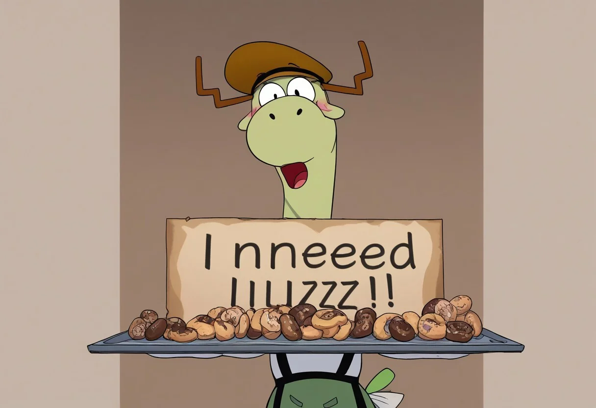 score_9, score_8_up, score_7_up, score_6_up,  (score_9, score_8, score_7), masterwork, masterpiece, best quality,
Sean, moose, Lime green fur, short tail, brown antlers, in a cute maid outfit, blushing, holding a plate of donuts in his left hand, holding a sign on his right hand which says, "buzz me” written on it, The sign is handwritten in clear black marker, generous happy