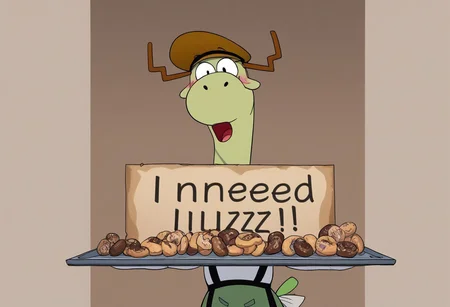 score_9, score_8_up, score_7_up, score_6_up,  (score_9, score_8, score_7), masterwork, masterpiece, best quality,
Sean, moose, Lime green fur, short tail, brown antlers, in a cute maid outfit, blushing, holding a plate of donuts in his left hand, holding a sign on his right hand which says, "buzz me” written on it, The sign is handwritten in clear black marker, generous happy