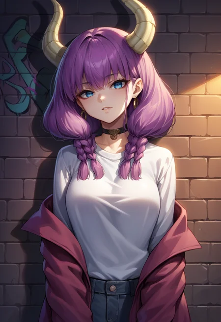 score_9, score_8_up, source_anime, 1girl, solo, AuraFrieren, purple hair, blue eyes, horns, long hair, twin braids, earrings, sharp eyes, choker, neon shirt, open jacket, turtleneck sweater, night, against wall, brick wall, graffiti, dim lighting, alley, looking at viewer, <lora:ChamAuraPonyXL:1>