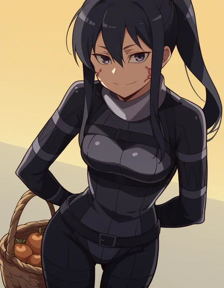 score_9, score_8_up, score_7_up, source_anime, <lora:pitohui-s1-ponyxl-lora-nochekaiser:1>, pitohui, long hair, black hair, ponytail, facial mark, sidelocks, medium breasts,, bodysuit, black bodysuit, long sleeves, belt, , farmers market, fresh produce, local vendors, baskets, sunny day, community, smile, looking at viewer, hands behind back, bent over,, solo,, cowboy shot, dutch angle,