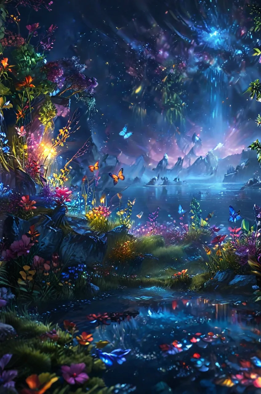 ultra realistic highly very detailed fantasy meadow, trees, grass, very realistic highly very detailed sea of colorful flowers ultra very realistic extremely highly detailed (crystal clear lake:1.6),sharp focus, ultra realistic extremely detailed (colorful butterflies:0.9), ultra realistic extremely very detailed (scenery:1.2), ultra-detailed, (by exquisite colors block),masterpiece,best quality,unreal engine 5 rendering, movie light,movie lens,movie special effects,detailed details,HDR,UHD,32K,CG wallpaper,intricate details (colorful particles:0.8) (colorful flowers:1.4), cinematic angle, magical look, fantasy setting, soft ray of light, glitter background, <lora:add-detail-xl:2.4> , cinematic light, digital painting, hyper realistic, photo realistic, high quality textures, vivid colors, <lora:NightScapes_XL:1> NightScapes<lora:sdxl_lightning_8step_lora:1>