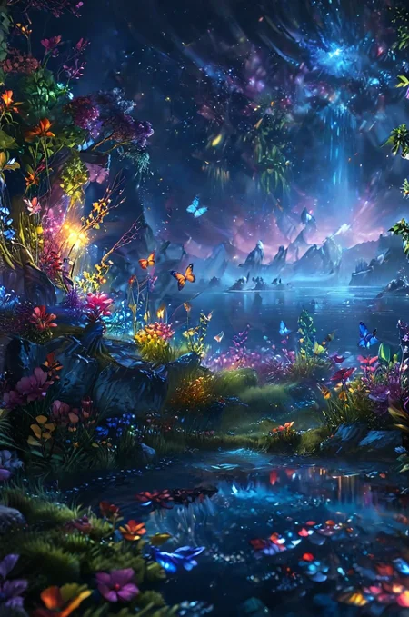 ultra realistic highly very detailed fantasy meadow, trees, grass, very realistic highly very detailed sea of colorful flowers ultra very realistic extremely highly detailed (crystal clear lake:1.6),sharp focus, ultra realistic extremely detailed (colorful butterflies:0.9), ultra realistic extremely very detailed (scenery:1.2), ultra-detailed, (by exquisite colors block),masterpiece,best quality,unreal engine 5 rendering, movie light,movie lens,movie special effects,detailed details,HDR,UHD,32K,CG wallpaper,intricate details (colorful particles:0.8) (colorful flowers:1.4), cinematic angle, magical look, fantasy setting, soft ray of light, glitter background, <lora:add-detail-xl:2.4> , cinematic light, digital painting, hyper realistic, photo realistic, high quality textures, vivid colors,  <lora:NightScapes_XL:1> NightScapes<lora:sdxl_lightning_8step_lora:1>