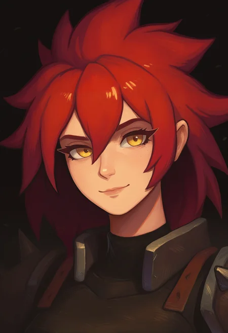 very awa, masterpiece, best quality, hightres, absurdres, pixelPaint, 1girl, red hair, medium hair, spiked hair, yellow eyes, light smile, portrait, <lora:PixelPaintStylez-IL:0.5>
