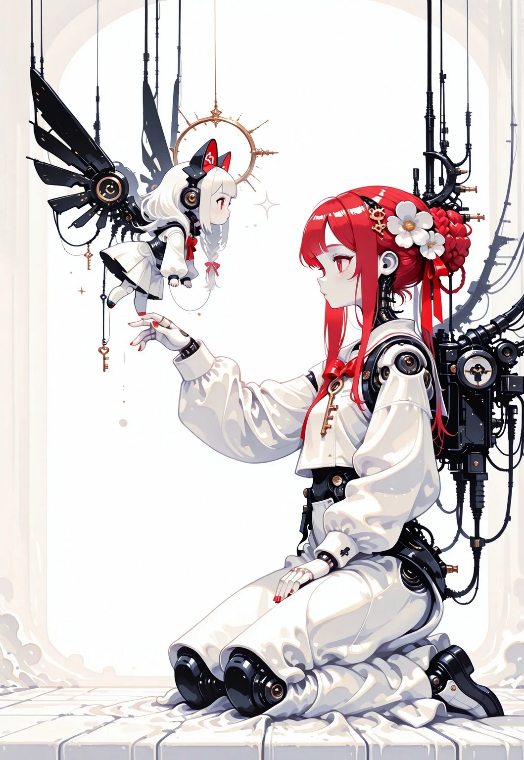 1girl, doll girl, doll joints, white hair, long hair, braided bun, red hair ribbons, hair flower, key hair ornament, kneeling, outstretched arm, curious angel cat, presenting key, mechanical wings, profile, nail polish, white background, (monochrome, negative space:1.2), white theme, painterly, no lineart, no outline, fine art, masterpiece, best quality, good quality, very awa, very aesthetic, absurdres, newest, 8k, high contrast, in the style of cknc, haiz_ai, wat