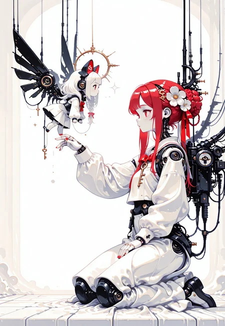 1girl, doll girl, doll joints, white hair, long hair, braided bun, red hair ribbons, hair flower, key hair ornament, kneeling, outstretched arm, curious angel cat, presenting key, mechanical wings, profile, nail polish,  white background, (monochrome, negative space:1.2), white theme, painterly, no lineart, no outline, fine art, masterpiece, best quality, good quality, very awa, very aesthetic, absurdres, newest, 8k, high contrast, in the style of cknc, haiz_ai, wat