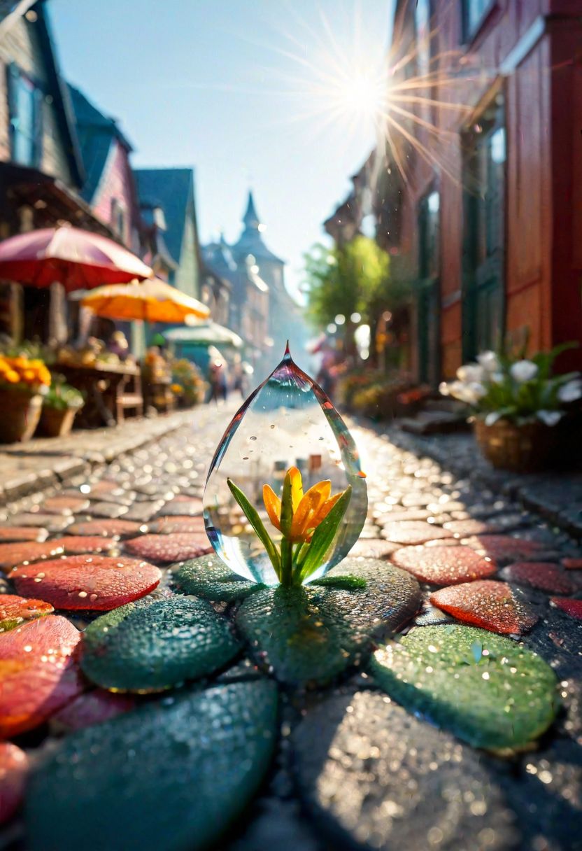 hyperrealistic, double exposure, dewdrop, close-up, flower petal, miniature civilization, tiny houses, cobblestone streets, market, villagers, vibrant, sunlight, lens flare