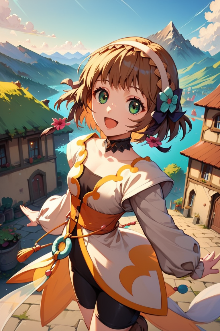 score_9, score_8_up, score_7_up, very aesthetic, source_anime, detailed, high quality, beautiful, masterpiece, detailed eyes,
<lora:lightXL:0.8>
village, mountain in the background, blurry background,
cowboy shot, upper body, dynamic angle,
smile, small breasts,  open mouth, dynamic pose, 
<lora:leia_autismConfetti_v01:0.99>
leia rolando, 1girl, brown hair, green eyes, short hair, hair ornament, hair flower, hair ribbon,
long sleeves, bike shorts, choker, brown footwear,, zPDXL