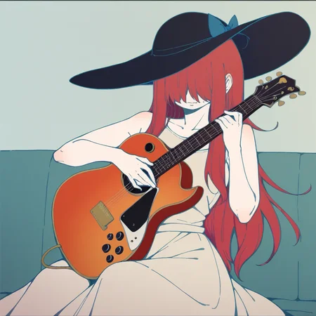 score_9, score_8_up, score_7_up, score_6_up BREAK t1u5, 1girl, hair over eyes, guitar, holding instrument, playing instrument, dress, ajirogasa, hat, red hair, long hair, sitting, music, cowboy shot, solo, <lora:tukiGirlPDXLv0.9tx2-000006:0.9>