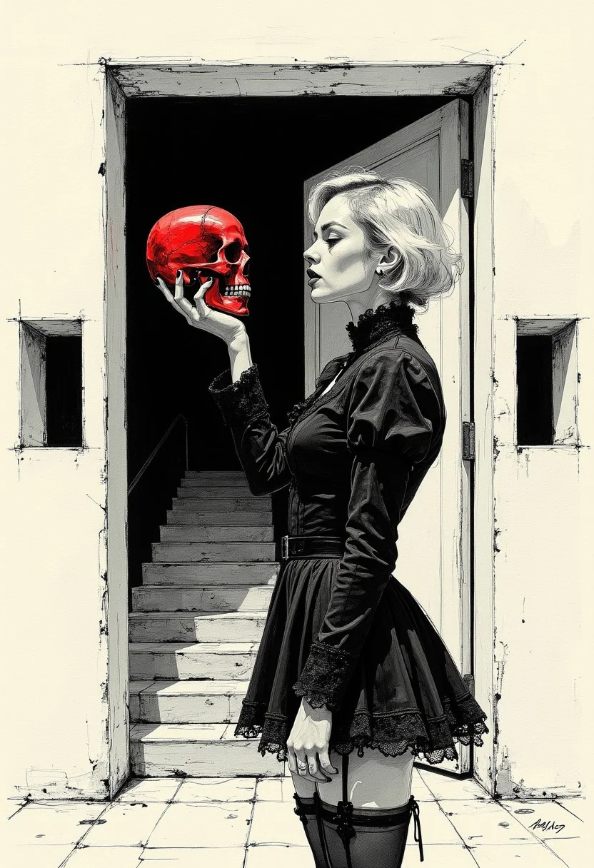 ((highly detailed black and white digital illustration:1.3) (high-contrast minimalist architectural background:1.3)) A gothic androgynous figure, a pale young woman with platinum blonde hair in a sharp bob, stands in stark contrast to the modernist setting. She wears a black Victorian-style dress with puffed sleeves, a high lace-adorned collar, and intricate embroidery. The short hem reveals her thighs, held by black garter belts attached to sheer stockings. Her bold makeup—dark lipstick and smudged eyeliner—adds a sinister allure.
She lifts a crimson red human skull, the sole colored element, toward her face, her half-closed eyes filled with eerie fascination. The monochrome setting intensifies its striking presence.
The background is a stark, modernist architectural space—a large, open doorway framed by smooth, white walls that contrast with the shadowy interior. Two rectangular openings on either side add depth. Inside, concrete stairs ascend diagonally, their sharp shadows cast by a single, unseen light source. The geometric interplay of light and darkness creates a surreal, cinematic tension, reinforcing the figure’s haunting presence. (vantablack, colored sketch in the style of ck-ccd,)