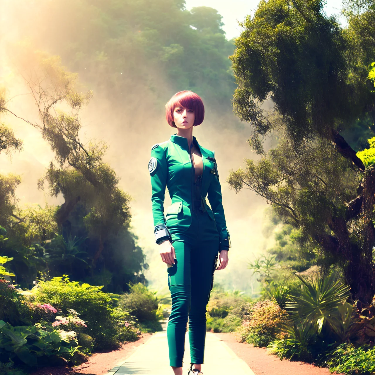 photo, flamboyant Extensive olive Woman, [pink|ash brown] graduated bob very short hair, wearing bodycon, suit, <lora:johnsondesuv2-e1:1>