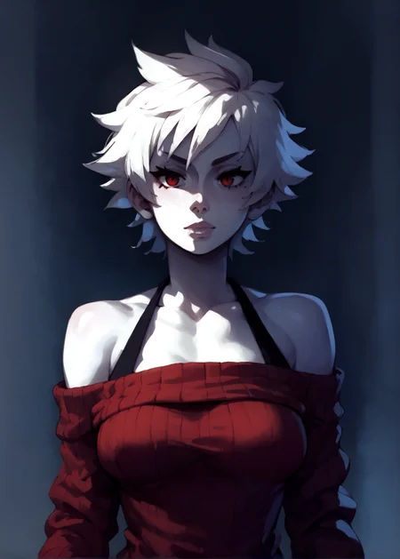 white skins, spiky red short tomboy hair, neutral expression, tight sweater, <lora:NAHIRI:1> nahiri, 1girl, solo, short hair, breasts, bare shoulders, white hair, colored skin, <lora:RD-MAnon-XLV1.1:1> female,, source_anime, score_9_up, score_7_up, score_8_up