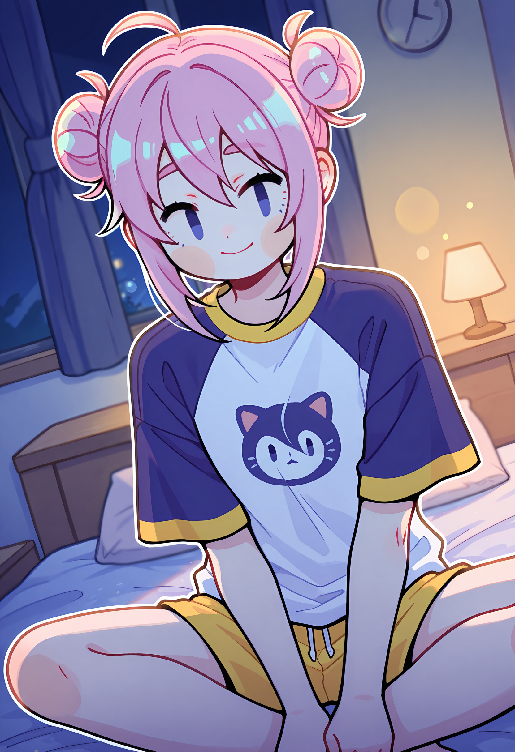 <lora:OMS_Steamd_Girl:1> oms_steamd_girl, 1girl, solo, no sclera, pink hair, hair bun, double bun, shorts, white shirt, blue sleeves, short sleeves, yellow shorts,
amazing quality,very aesthetic,absurdres,newest, REAK depth of field, blurry background, dutch angle, dynamic angle, white outline, lens flare, cold lighting,
looking at viewer, smile, 
indoors, nighttime, bedroom, cozy, on bed, Indian style