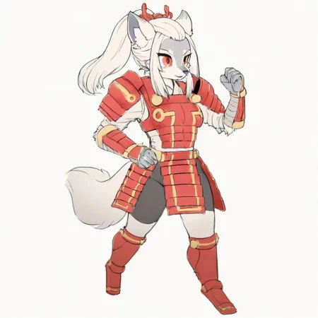 H4kur0,1girl,solo,furry,furry female,wolf girl,white hair,long sidelocks,bangs pinned back,ponytail,red eyes,snout,animal nose,body fur,two-tone fur,grey fur,white fur,wolf tail, red shoulder armor, red breastplate, white shirt, red armored gloves, black shorts, red armored skirt, red armored knee boots,