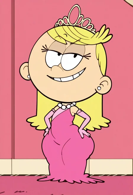 score_9, score_8_up, score_7_up, score_6_up, score_5_up, score_4_up, best quality, masterpiece, Lola Loud, blonde hair, long hair, Hot Pink dress, pink gloves, long gloves, pearl necklace, Tiara, short, wide hips, thick thighs, full body view, official screencap+++, source_screencap+++, Dop Style, looking at viewer, smug+++, smug smile+++, 4fingers, hands on butt,