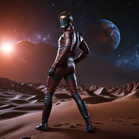 cinematic photo a man, full body, with a mask , sexy poses, planet mars background <lora:Starlord1024:0.8> . 35mm photograph, film, bokeh, professional, 4k, highly detailed