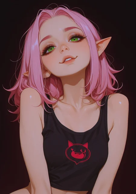 1girl, solo,
tank top with cat logo, slim, small breasts,
pink hair, green eyes, sexy elf,
beautiful eyes, detailed face,
looking at viewer,
dynamic composition, yandere expression, dynamic pose,
anime style, anime, pastel,
xxx667_illu, artist:moriimee, 748cmstyle, no lineart, flat color, EGirlPFP
