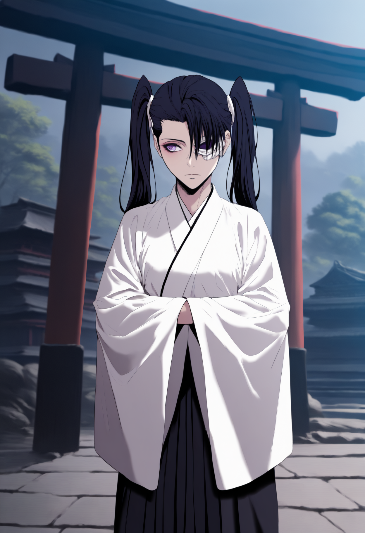 masterpiece, best quality, newest, anime, solo, 1girl, aiv1rrne, expressionless, looking away, hands in opposite sleeves, long hair, black hair, twintails, purple eyes, eyepatch, japanese clothes, white kimono, long sleeves, wide sleeves, black hakama, hakama skirt, outdoors, east asian architecture, torii
<segment:yolo-Anzhc Face seg 640 v3 y11n.pt,0.4,1//cid=11>