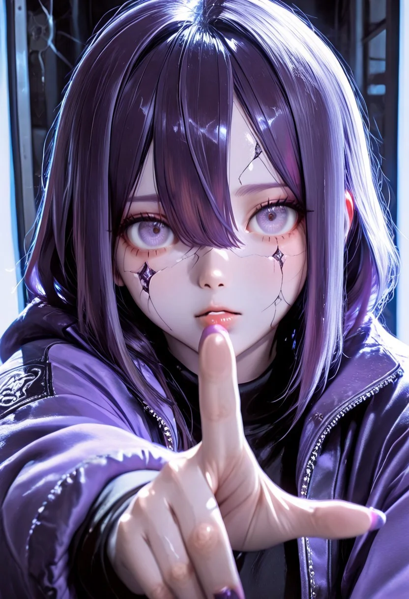 masterpiece, lazypos, lazympos, best quality, very aesthetic, newest, depth of field, stylized, HDR, high contrast, masterpiece, best quality, amazing quality, absurdres, scenery, (volumetric lighting), photorealistic, photo background, detailed, Anime girl,
1girl, solo (ethnicity:1.1), (detailed clothing:1.2), (accessories:1.1), (facial features:1.3), (expression:1.2), (body type:1.1), (pose:1.2), hair between eyes, parted bangs, purple jacket, pointing finger through cracked glass, intense gaze, centered in the frame, looking at viewer, (detailed skin texture:1.2), (nail detail:1.1),
urban background, dark purple and gray color palette, lighting dramatic, high-detail style, manga art, (cracked glass:1.2), digital illustration, sharp focus, photorealistic style, anime aesthetic.