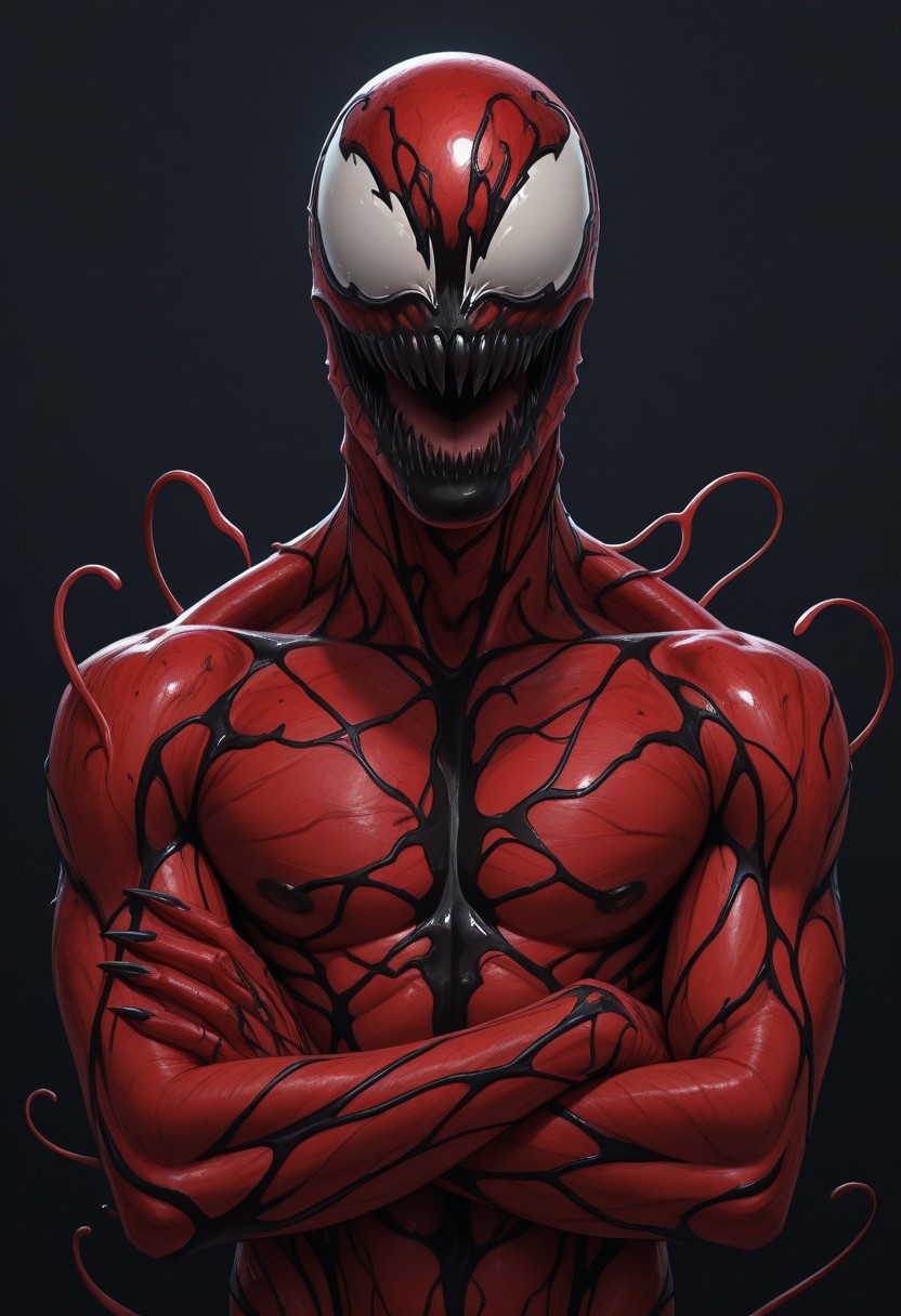 Realistic, perfect anatomy, masterpiece, high quality, best quality, highres, aesthetic, cr3sx4rt,
BREAK
Skinny, fit, smooth skin, carn4ge, 1boy, solo, carnage, symbiote, red skin, male focus, portrait, focus, upper body, crossed arms, no background, black veins,
