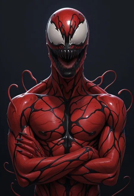 Realistic, perfect anatomy, masterpiece, high quality, best quality, highres, aesthetic, cr3sx4rt,
BREAK
Skinny, fit, smooth skin, carn4ge, 1boy, solo, carnage, symbiote, red skin, male focus, portrait, focus, upper body, crossed arms, no background, black veins,