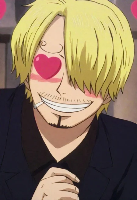 Blade Runner Style, a photo of a heartwarming description for this adorable photo: sanji with Heart eyes. The scene is so sweet that it melts even the toughest hearts. Describe the loving atmosphere created by the combination of sanji, smiles, and hearts.