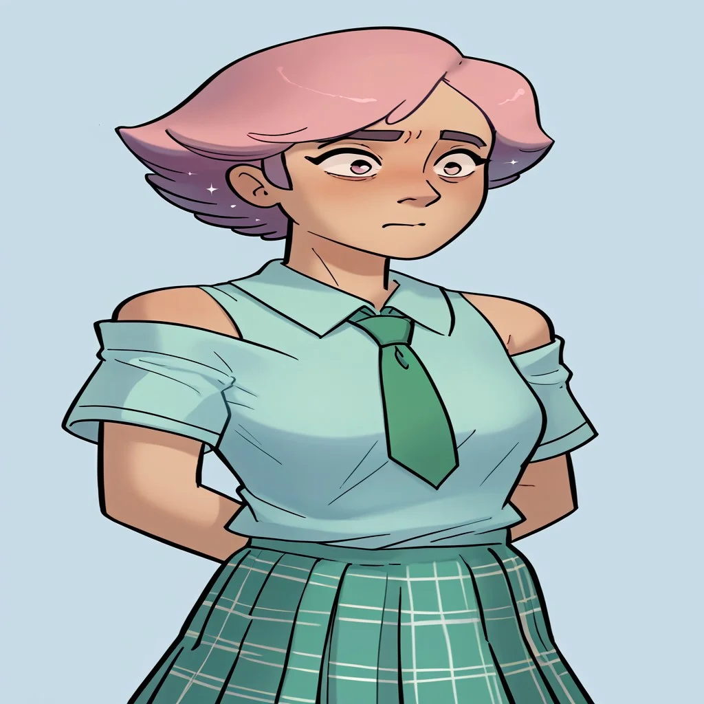 score_9, score_8_up, score_7_up, relatedguy, bust shot, solo, bare shoulders, CHGlimmer, simple background, one colour background, light blue background, Guilty, Downcast eyes, slumped shoulders, and a slightly ashamed expression, School Uniform, Green Tie, Green Collar Shirt, Skirt, Pleated Skirt, Short Sleeves, Long Socks,