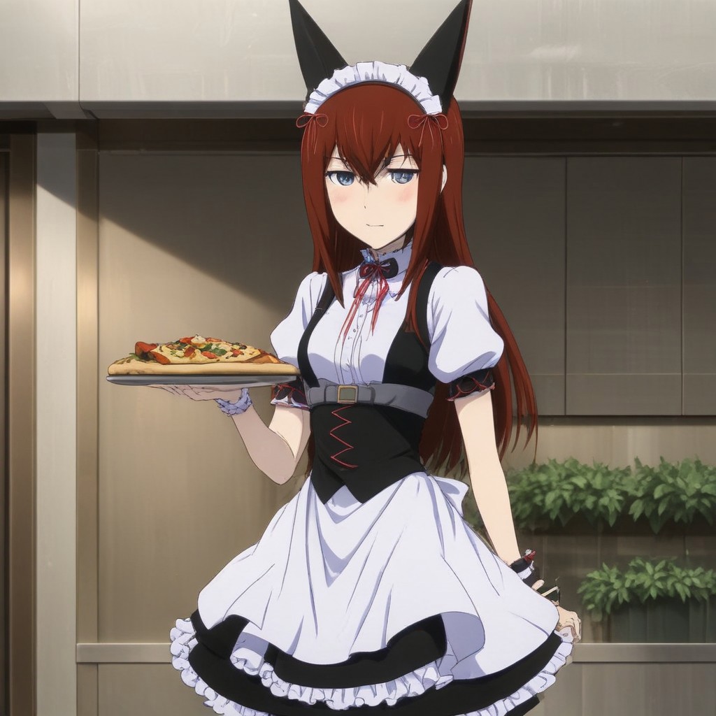 Anime style , A hot and cute pic of Makise Kurisu in maid outfit serving pizza , maid outfit , ribbon , animal ears , red hair , naughty pose , smiling , indoors , full-body view , sexy legs