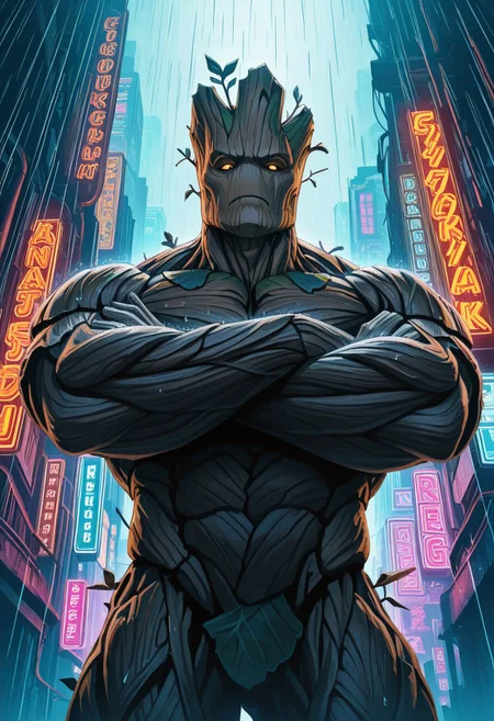 masterpiece, absurdres, amazing quality, extremely detailed, very aesthetic, solo, male, from below, looking at viewer, looming,
Groot3, Muscular, made of wood, amber eyes, orange sclera, blank eyes, brown bark skin, leaf, (no nose:1.15), alien, flora fauna, plant boy, looking at viewer, frown, crossed arms, looking down, perfect hands, 5 fingers, narrowed eyes, serious, broad shoulders, huge muscles, 
psychedelic background, cyberpunk city, neon lights, outdoors, rain, shadow, dark, backlighting, WaiIL25PosC