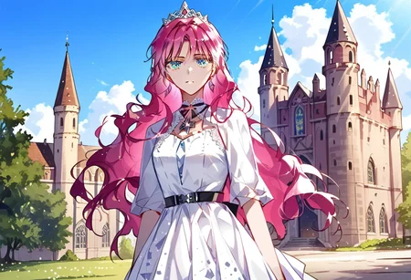 score_9, score_8_up, score_7_up, score_6_up, source webtoon, webtoon, best quality, (masterpiece), soft body, official art, [illustration], realistic, vibrant colors, saturation, detailed, detailed background, BREAK PenelopeEckhart, ice blue eyes, pink hair, long hair, medium breasts, outdoors, castle, palace, white dress, black belt, tiara,