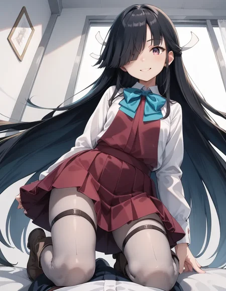 (score_9, score_8_up, score_7_up,source_anime,best quality,masterpiece,source_illust ),perfect anatomy,very aesthetic , absurdres ,intricate illustration ,ultra-detailed illustration,1girl hayashimod,black hair,very long hair, hair over one eye,very long hair,small breasts, school uniform,aqua bowtie,smile,pinup \(style\),indoors,purple red skirt,gray pantyhose,brown boots,lace-up boots,on top,wariza,from below,face forcus,pov <lora:hayashimo_pony_v2:0.8>