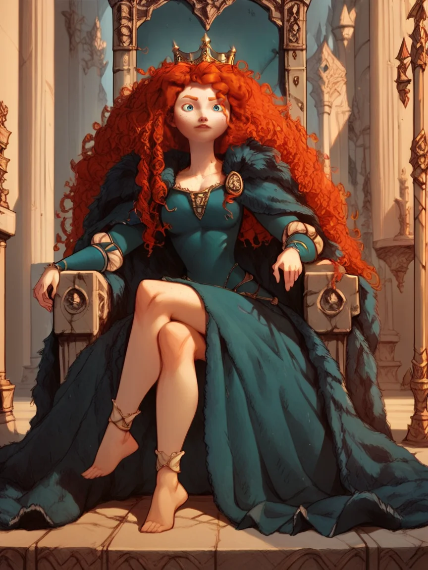 score_9, score_8_up, score_7_up, score_6_up, score_5_up, <lora:meridaXLP:1> merida, 1girl, long hair, solo, curly hair, blue eyes, red hair, freckles, dress, curvy, large breasts, queen, throne, crown, long legs