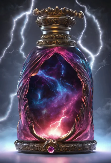 Score_9, Score_8_up, Score_7_up, Score_6_up, Score_5_up, Score_4_up, high_def, highest quality, 4k, best quality, masterpiece, focused, defined, Photorealistic magic potion, intricate glass bottle, elixir, filled with lightning, electric colors, storm colors, ethereal light, flashy lights, magic lights, luminous, dynamic reflections, magical aura, highly detailed, fantasy essence, glowing particles, radiant aura