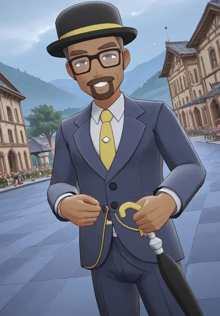 safe_pos, safe_pos, score_9, score_8_up, rating_nsfw, ultra hd, absurdres, best quality, masterpiece, masculine, solo, 1boy, 1male, male focus, best anatomy, best eyes, best hands, sexiest man alive, erotic, gay porn, cartoon art, cartoon art style,
POKESSGentleman, hat, glasses, umbrella, suit, dark-skinned male, mansion background, looking at viewer, dutch angle, smiling, detailed background, amazing background, amazing lighting, Expressiveh