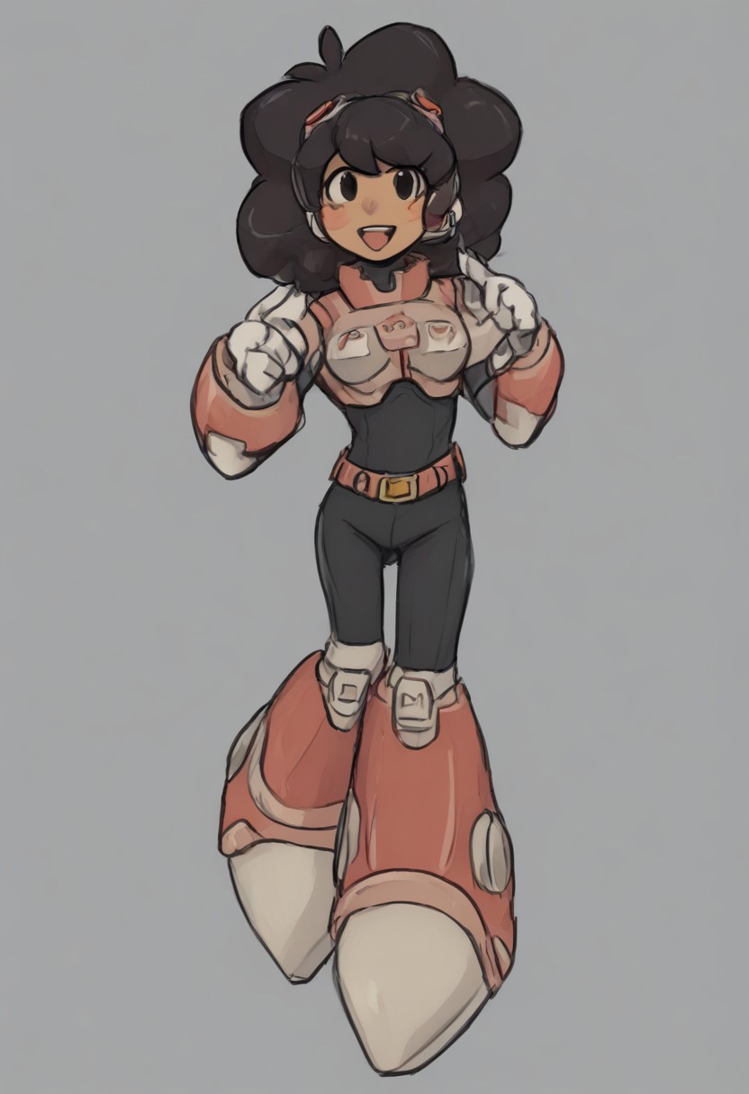 megamanreploid, android, gloves, white gloves, armor, bodysuit, robot ears, headset, carol, 1girl, solo, smile, open mouth, black hair, full body, dark skin, black eyes, dark-skinned female, blush stickers, big hair, very dark skin, afro