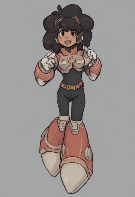 megamanreploid, android, gloves, white gloves, armor, bodysuit, robot ears, headset, carol, 1girl, solo, smile, open mouth, black hair, full body, dark skin, black eyes, dark-skinned female, blush stickers, big hair, very dark skin, afro