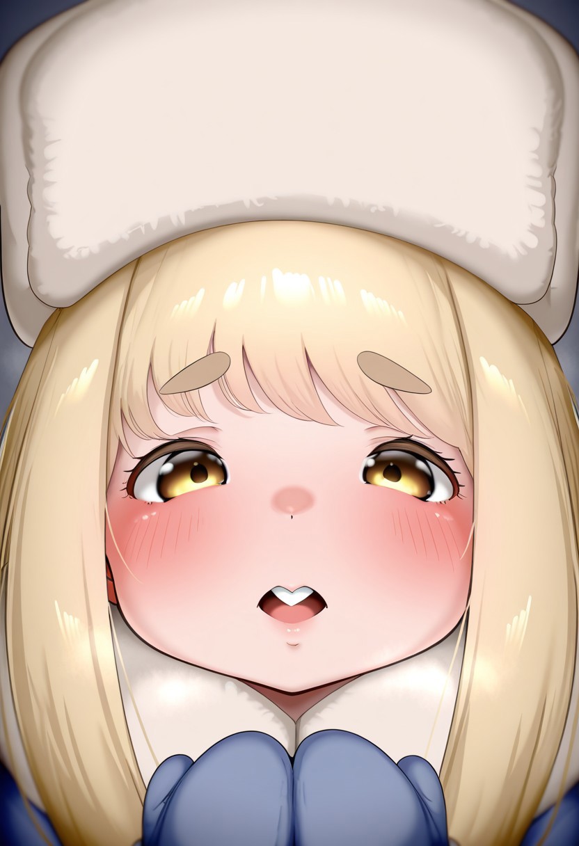 hyuuman, digital illustration, charact portrait, depth of field, pastel coloring/(medium/), blonde hair, very long hair, blushing, face focus, buck teeth, looking at viewer, ushanka, mittens, winter coat