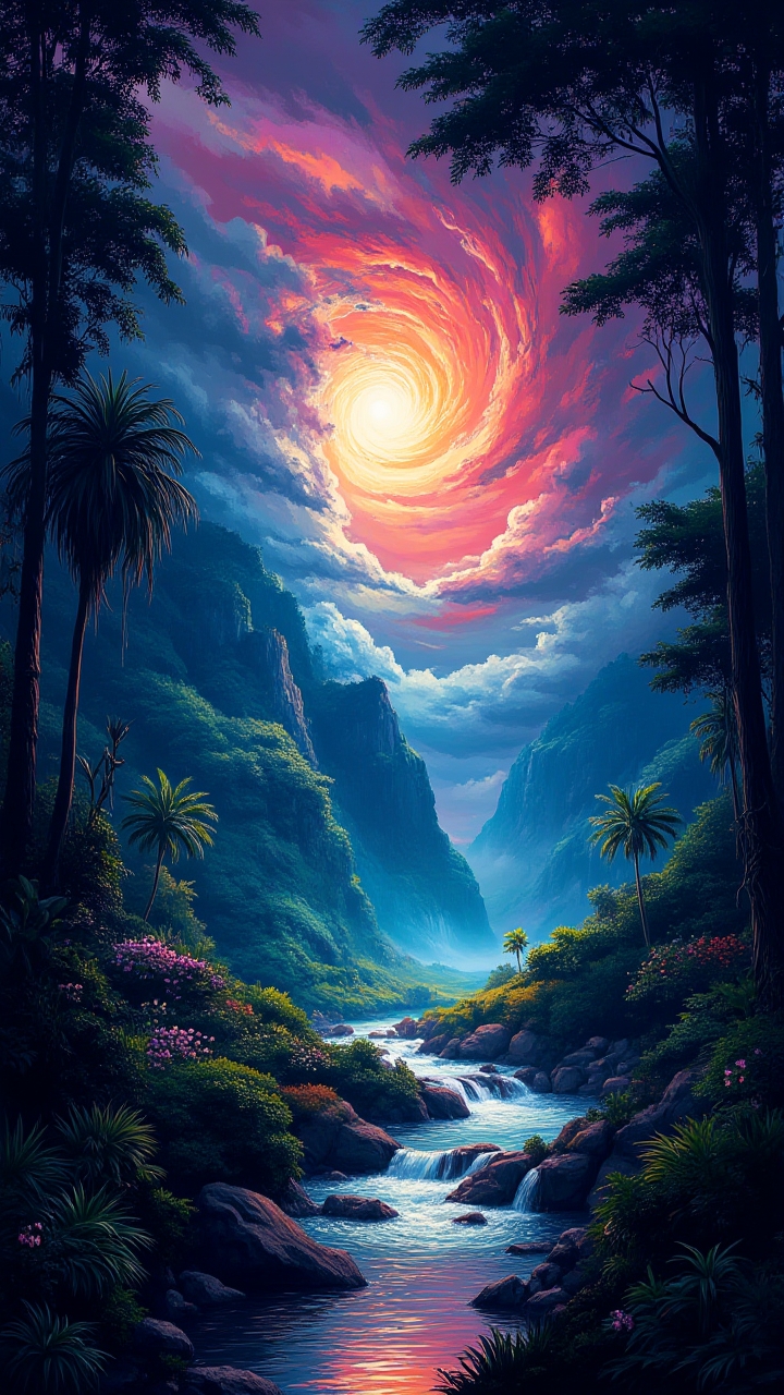 Internally Glowing background, landscape of a deep aesthetic Grove, Hurricane, Restless, Vivid Colors, midjourneyv6.1