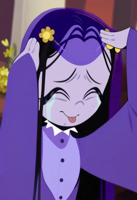 score_9, score_8_up, score_7_up, AhEtoBlehMeme, closed eyes, tongue out, :p, hands on own head, smile, <lora:AhEtoBlehMeme_pdxl_Incrs_v1:1>, MiseryRG, black hair, black eyes, pale purple skin, tears trail, purple veil, yellow flower hairclips, white-collared purple buttoned dress, long purple sleeves,