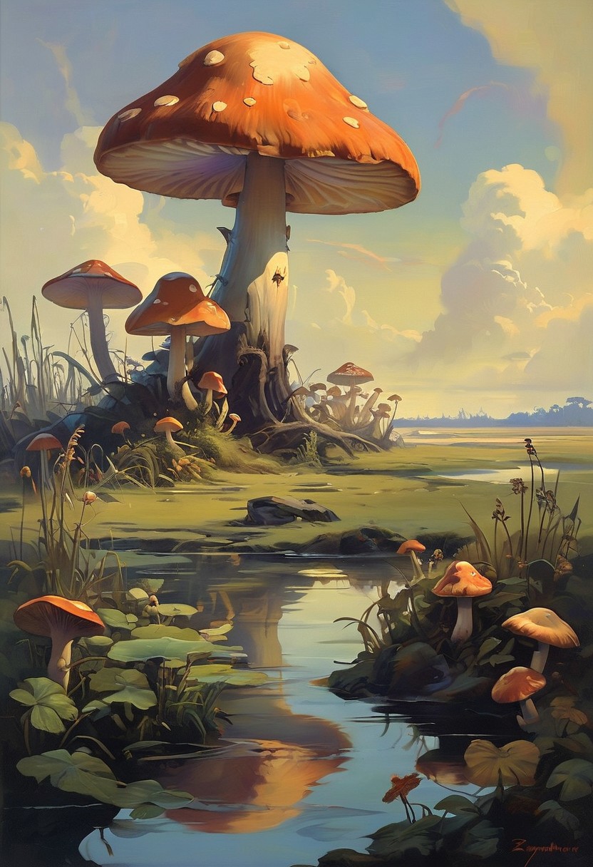 In the vibrant ecosystem of Zangarmarsh, Sporebats float lazily among the giant mushrooms, their bioluminescent bodies adding to the area's otherworldly glow, a delicate balance of life in the marsh., 
in the style of a frank frazetta oil painting mixed with world of warcraft
