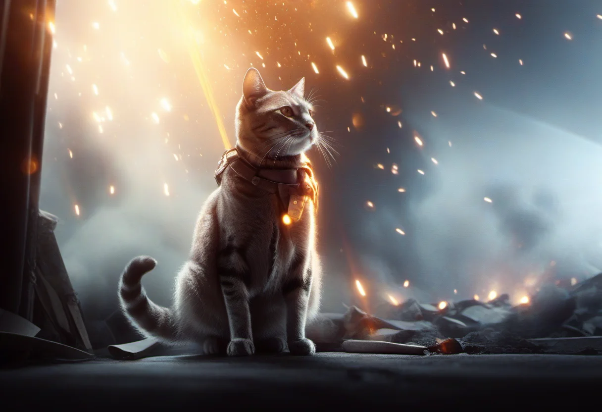 cinematic film still, A cat, bf1, <lora:BFXL:1> . city, vignette, highly detailed, high budget, cinemascope, moody, epic, gorgeous, film grain, grainy, fire, explosion