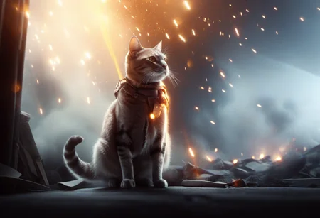 cinematic film still, A cat, bf1, <lora:BFXL:1> . city, vignette, highly detailed, high budget, cinemascope, moody, epic, gorgeous, film grain, grainy, fire, explosion