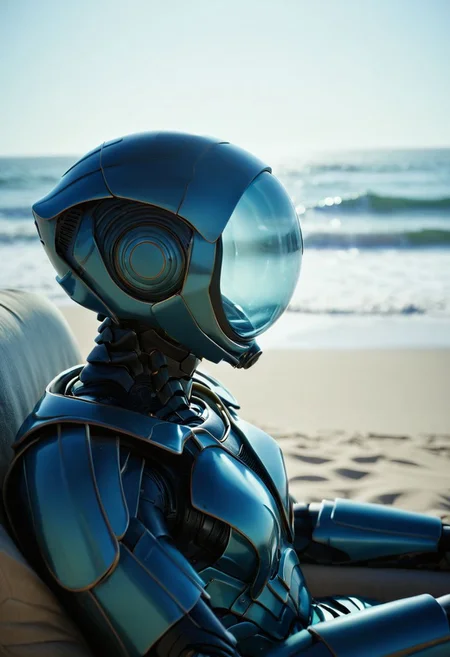 Side View, subsurface scattering, LiS_Robot By tim burton, sitting on a translucent sss blue plastic Air Couch at the ocean, Large waves, Sand,
atmospheric haze, Film grain, cinematic film still, shallow depth of field, highly detailed, high budget, cinemascope, moody, epic, OverallDetail, 2000s vintage RAW photo, photorealistic, candid camera, color graded cinematic, atmospheric lighting, imperfections, natural, shallow dof