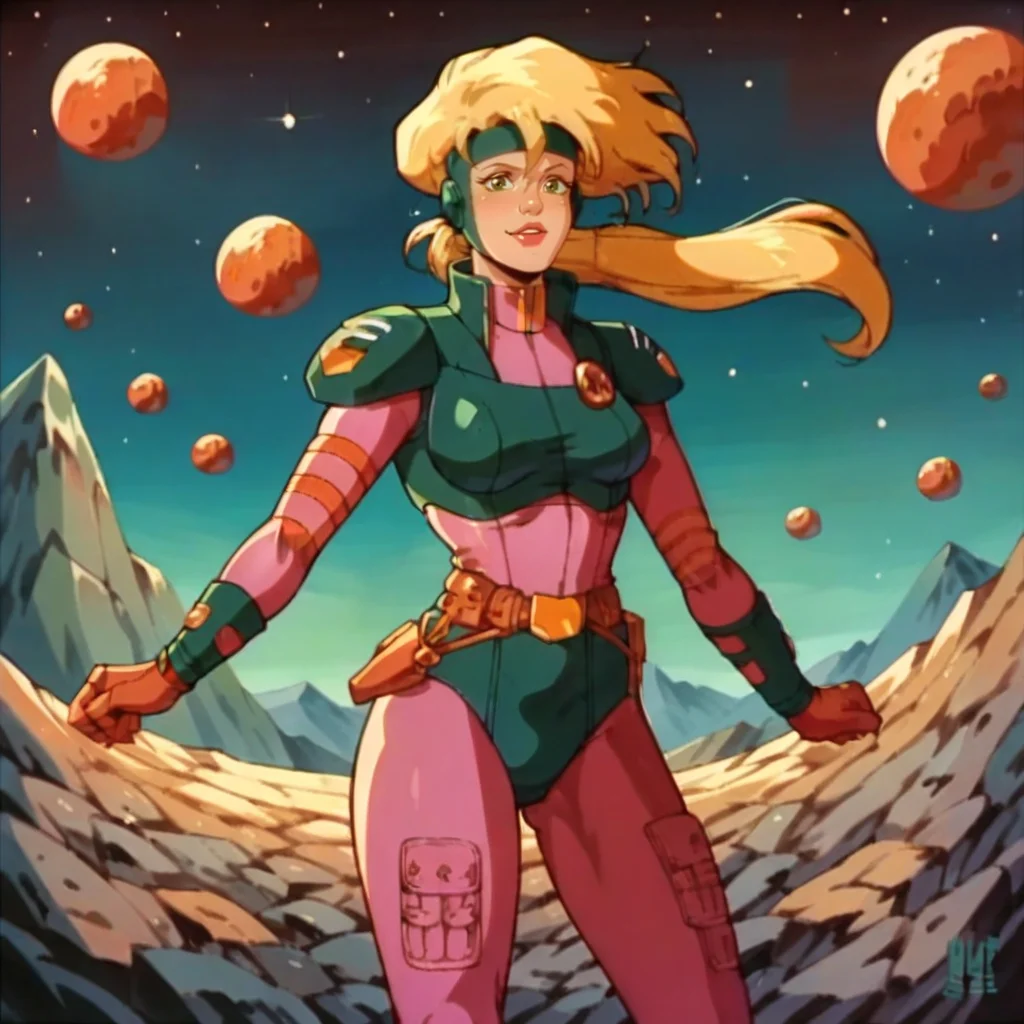 score_9, score_8_up, score_7_up, score_6_up, score_5_up, score_4_up, <lora:NaraBurns_XL:1> naraburns, blonde hair, green eyes, lips, ponytail, headband, smile, standing, full body, space, night, cartoon, flat colors, retro artstyle,1980s (style), armor, bodysuit,