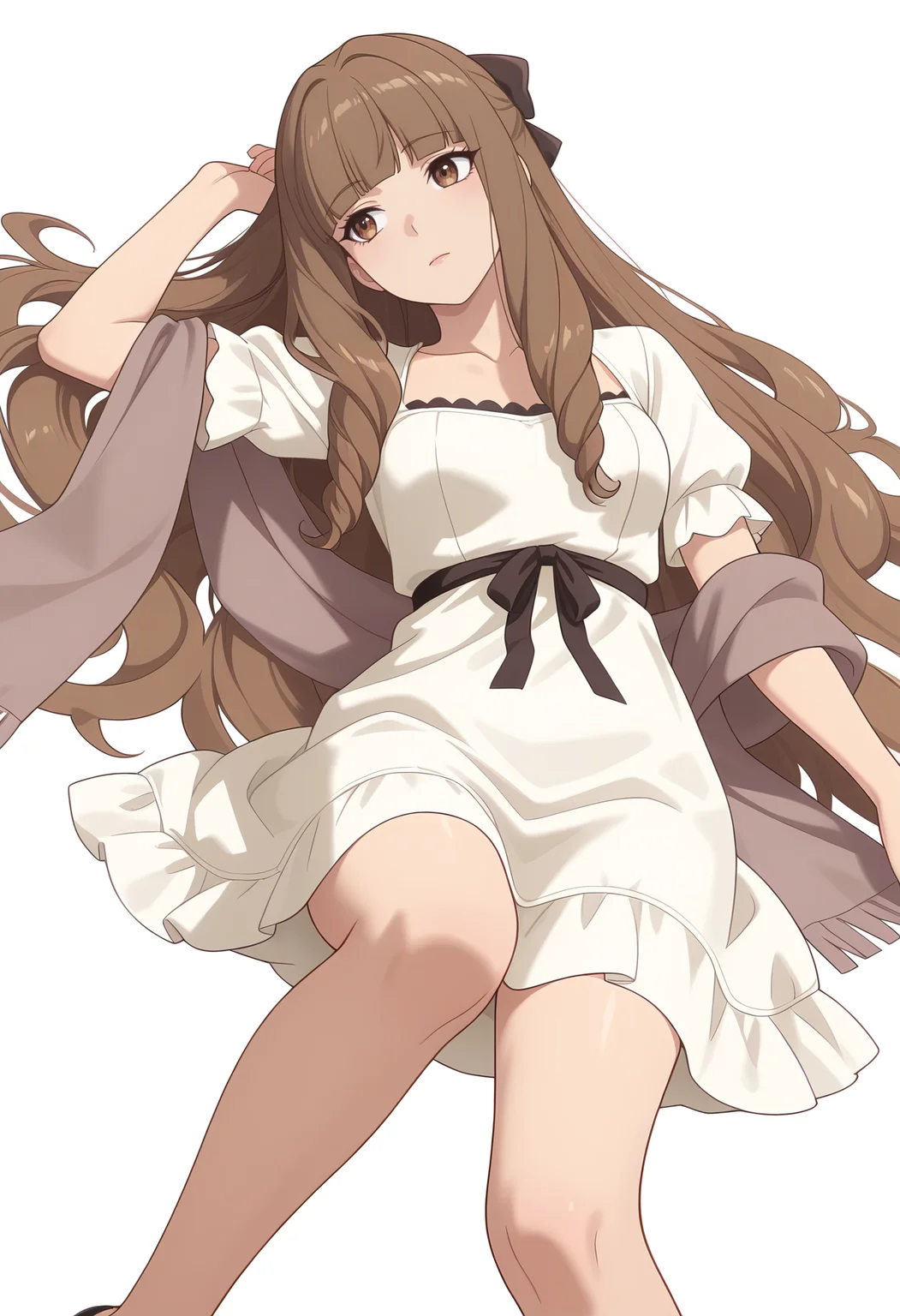 Smooth Quality,masterpiece,very intricate, high quality details, ultra realistic, high detailed skin,detailed enviorement,
white background, simple background, 
dynamic angle,reclining, one leg over other, arm on backrest, calm, composed,  ,uwu,
 <lora:Klyrode_Elizabeth_Cinabrio:0.8> klyrodeelizabeth/cnn, 1girl,brown hair, long hair,brown eyes, blunt bangs, very long hair,dress, short sleeves, white dress, shawl,hair bow,
