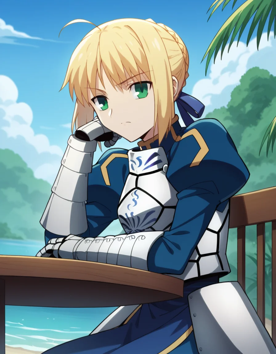 score_9, score_8_up, score_7_up, source_anime, <lora:artoria-pendragon-zero-ponyxl-lora-nochekaiser:1>, artoria pendragon, artoria pendragon (fate), saber, long hair, blonde hair, green eyes, ponytail, ahoge, medium breasts,, dress, ribbon, armor, gauntlets, armored dress, blue dress, island, water, tropical, trees, isolation, , sitting, head rest, table,, looking at viewer, solo,, dutch angle, cowboy shot