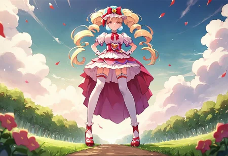 curemacherie, high heels, garter straps, thighhighs, outside,  score_9, score_8_up, score_7_up, ,source_anime, best quality, masterpiece,   , full body view ,collarbone ,  1girl , solo , girl focus, large breasts,  score_9, score_8_up, score_7_up, ,source_anime, best quality, masterpiece, , garter straps , 1girl , solo , girl focus,, full body view, facing viewer, hands on hips, low angle view, standing, outside , day, field,