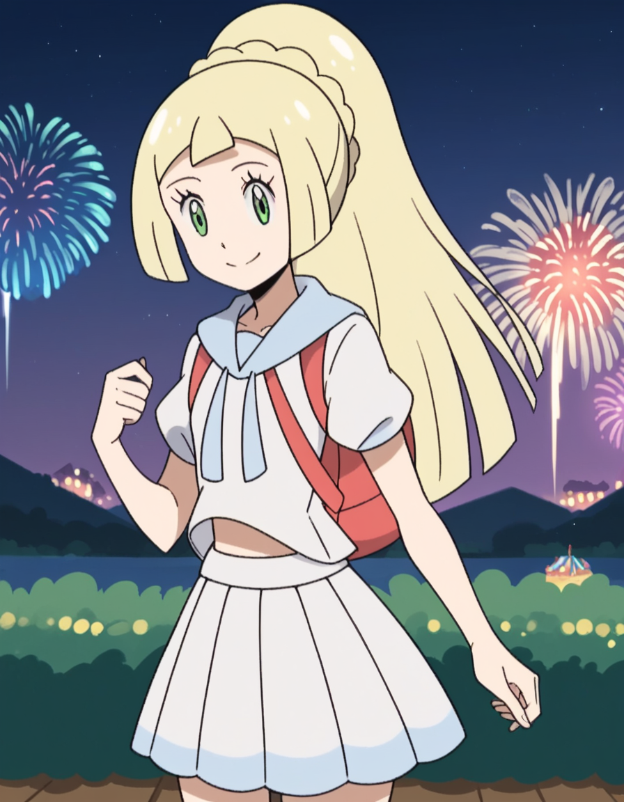 score_9, score_8_up, score_7_up, source_anime, <lora:pokemon-lilie-anime-ponyxl-lora-nochekaiser:1>, lillie \(pokemon\), blonde hair, blunt bangs, green eyes, long hair,, braid, french braid, high ponytail, miniskirt, pleated skirt, sailor collar, shirt, short sleeves, skirt, white shirt, white skirt,, festival, fireworks, summer night, food stall, traditional, smile, looking at viewer, solo,, cowboy shot, dutch angle