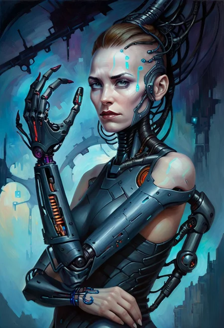 w4rh4mm3r style oil painting, grimdark, portrait of a beautiful woman with cybernetic arm
