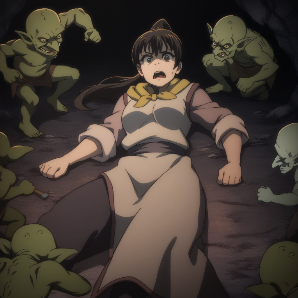 score_9,  score_8_up, score_7_up, <lora:fighter-gs-ponyxl-000015:1> gsfghtr, multicolored robe, neckerchief,
1girl, frown, open mouth, (goblin:0.8), lying, surrounded, cave, dim lighting