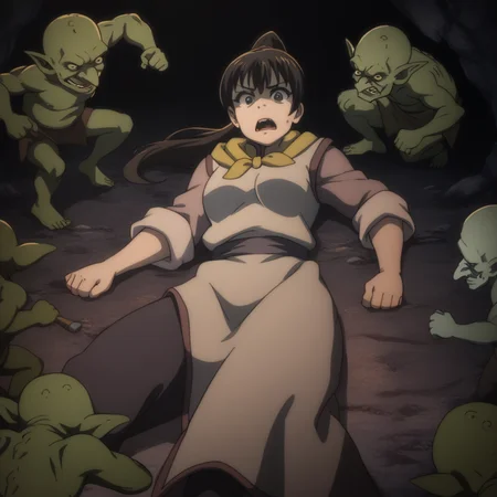 score_9,  score_8_up, score_7_up, <lora:fighter-gs-ponyxl-000015:1> gsfghtr, multicolored robe, neckerchief,
1girl, frown, open mouth, (goblin:0.8), lying, surrounded, cave, dim lighting